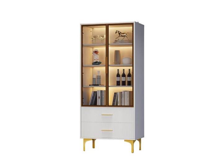 HAUSS SPOLE Vitrine 70x35x150cm mit LED-Licht, zwei Glastüren, goldene Beine,Glasvitrine (2 Türen,2 Schubladen) modernes Design, weiß von OTTO