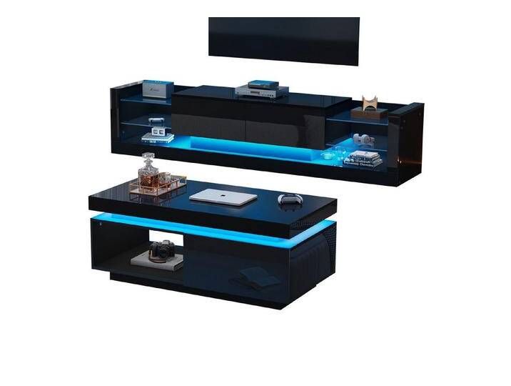 HAUSS SPOLE Wohnzimmer-Set Hochglanz TV-Wandschrank + Couchtisch, Set mit LED-Leuchten schwarz, (Wohnzimmer-Wand-Set, 2-St., 100x50x40cm Couchtisch, 181*38*38cm TV-Schrank) von OTTO