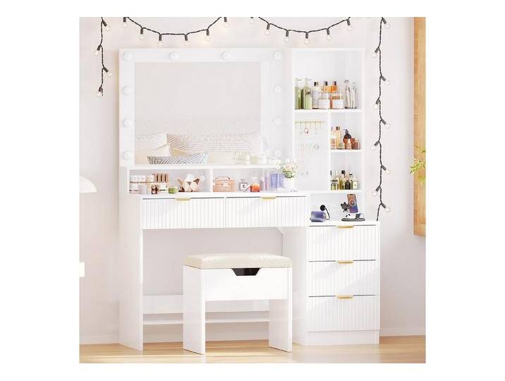HOMALL Schminktisch Vertikale Streifen mit 5 Schubladen und 7 offenen Fächern (Mit 2 Euro-Steckdosen + 1 USB-Anschluss + 1 Typ-C-Anschluss), weiß von OTTO