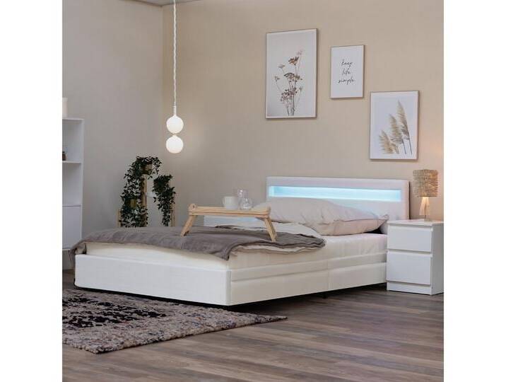HOME DELUXE Bett Nube mit Schubladen 180 x 200 (inkl. Lattenrost), Polsterbett, Doppelbett, Bettgestell mit Stauraum, LED Bett, weiß, ohne Matratze von OTTO