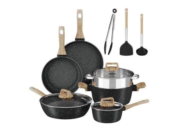HOMELUX Topf-Set 12tlg Induktions Töpfe Set, Antihaftbeschichtung Topf mit Deckel, Aluminium, Edelstahl (Pfanne 24/28cm, Tiefe Bratpfanne 28cm, Topf mit Dampfgarer 24cm, Milchtopf 16cm), Induktion von OTTO