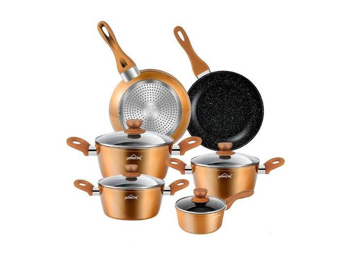 HOMELUX Topf-Set Induktions Töpfe Set Classic Antihaftbeschichtung Kochtopfset, Aluminium (Kochgeschirr-Set, 10-tlg., 3x Kochtopf, 2x Bratpfanne,1x Saucentopf,4x Glasdeckel), Induktionsgeeignet, goldfarben von OTTO