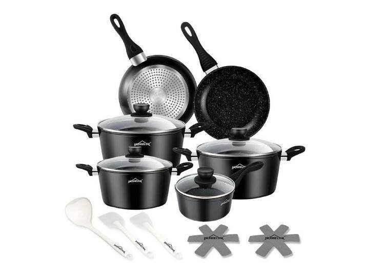 HOMELUX Topf-Set Induktions Töpfe Set Classic Antihaftbeschichtung Kochtopfset, Aluminium (Kochgeschirr-Set, 15-tlg., 3x Kochtopf, 2x Bratpfanne,1x Saucentopf,4x Glasdeckel,5x Zubehör), Induktionsgeeignet, schwarz von OTTO