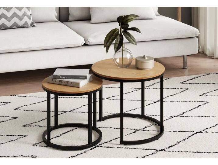 Home Collective Couchtisch 2er Set aus Holz, Wohnzimmertisch Modern (Beistelltisch Set 2 in 1 mit Metallgestell, Büro Beistelltisch Loft Design TWIN, kratzfeste Oberfläche, Set 2 in 1), Rund in Eiche hell, für Wohnzimmer, beige von OTTO