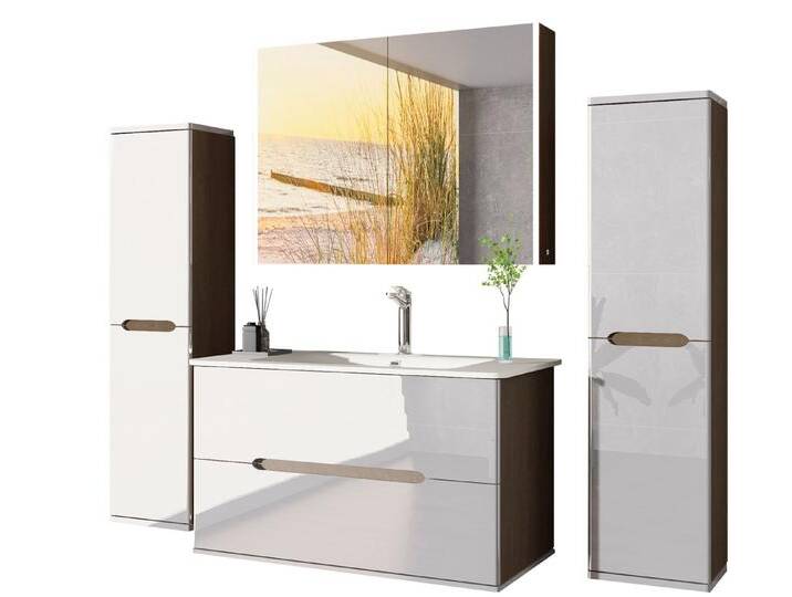 Homeline Badezimmer-Set Badezimmer Möbel Badmöbel Set Eiche/Weiß Hochglanz Spiegelschrank, (5 Tlg, 5-St., Badezimmer Möbel), Soft close system von OTTO