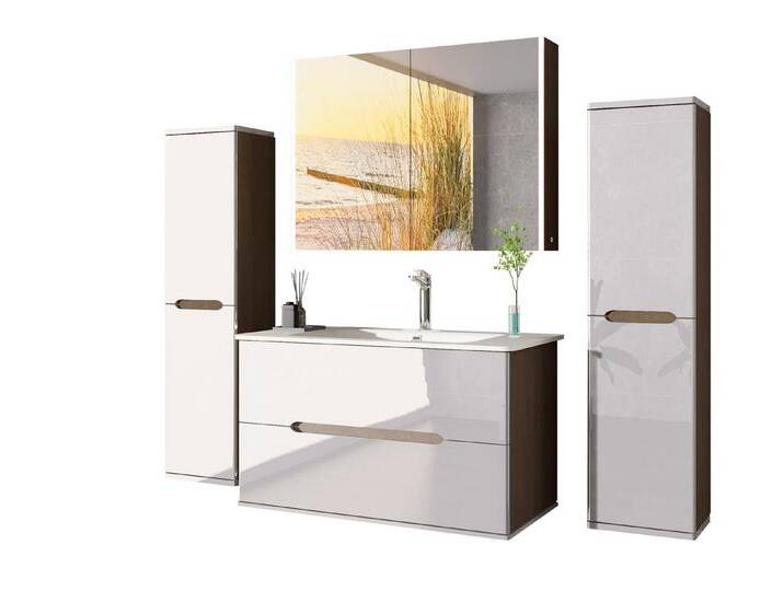 Homeline Badmöbel-Set Bad Möbelset Badezimmer Möbel Hochglanz 90 Eiche Weiß Spiegelschrank, (Spar Set, 4-St., Bis zum fünfteiliges Set), Hochglanz Spiegelschrank mit LED Beleuchtung keramik, Waschbecken, beige von OTTO