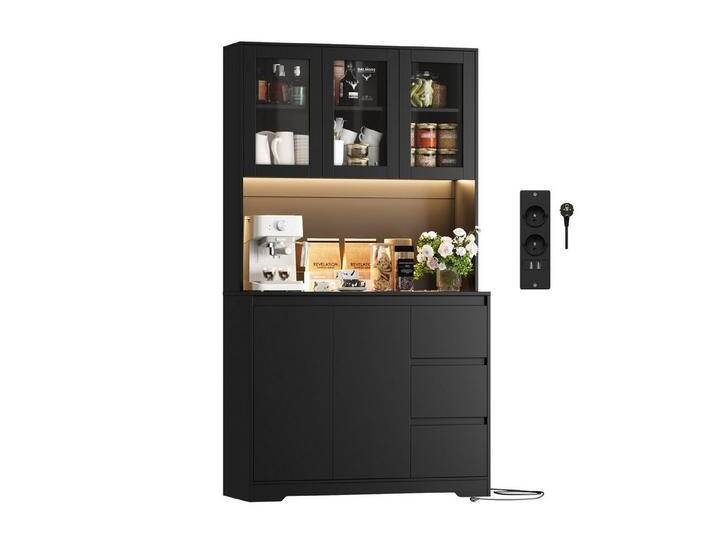 Homfa Küchenbuffet mit LED Küchenschrank Buffetschrank Sideboard schwarz mit Steckdosenleiste & Arbeitsplatte 180x100x38.5cm, schwarz von OTTO