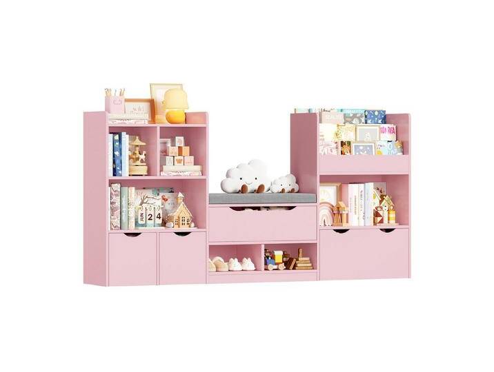 Homfa Sitzbank Kinderregal mit 3 Schubladen auf Räder 183x94x29,8 cm, Spielzeugregal mit 7 offenen Fächern Spielzeugtruhe weiß, rosa, rosa von OTTO