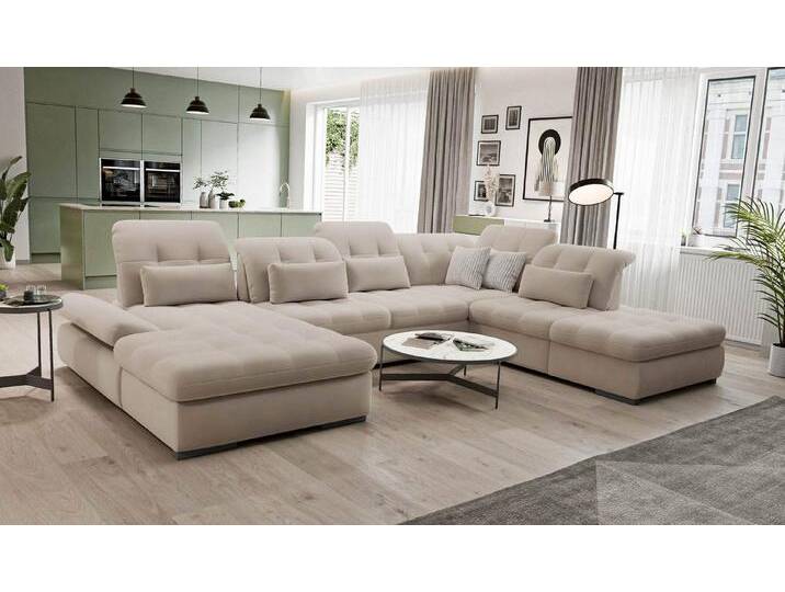 Hygger Möbelhaus Wohnlandschaft Oregon XXL U-Form wahlweise Bettfunktion 165 cm & 2 Bettkästen wählbar, Eckcouch B × T₁ / T₂: 370 × 200/250 cm (U-Form), Inklusive kostenloser Lieferung in ganz Deutschland, beige von OTTO