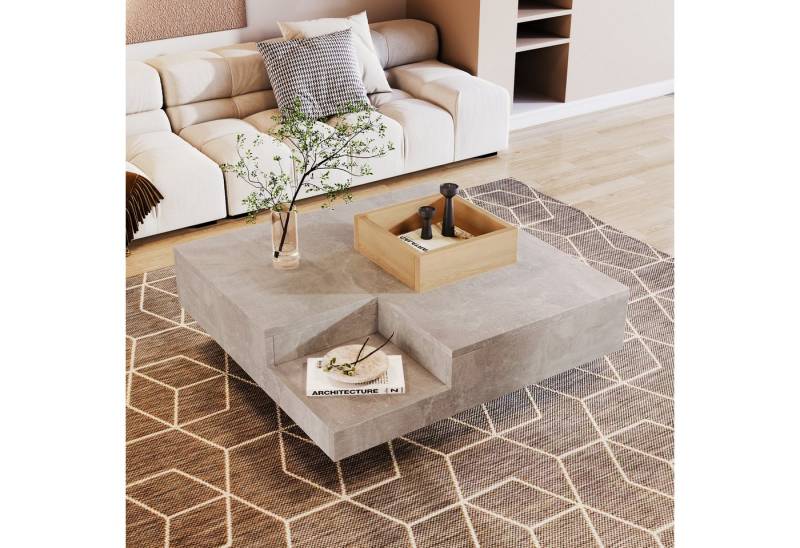 IDEASY Couchtisch Quadratischer Couchtisch, Wohnzimmertisch in Grau Beton Finish (72 x 72 x 30 cm, Belastbarkeit 30 kg), Industrieller Stil, herausnehmbare holzfarbene Aufbewahrungsbox von IDEASY