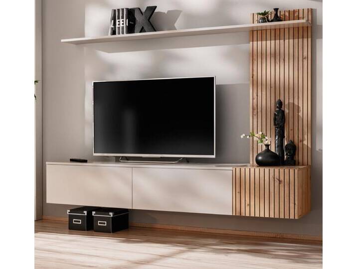 Inn.Furn Wohnwand Madina, (Fernsehschrank in Sand Kaschmir matt mit Eiche Dekor, 3-teilig, 180 x 170 cm), mit Push-To-Open und Soft-Close, beige von OTTO