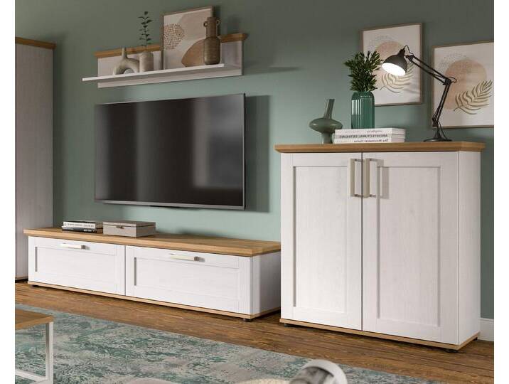 Inn.Furn Wohnwand Mirano, (Wohnzimmer Set in weiß Lärche mit Eiche Artisan, 3-teilig, 260 x 150 cm), moderner Landhausstil, weiß von OTTO