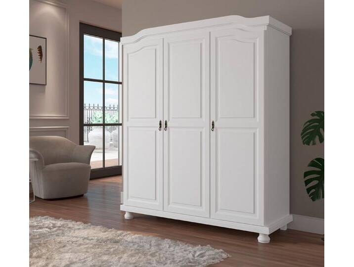 Inter Link Kleiderschrank Bastian Massivholz, 5 Fächer, Kleiderstange, 3 Türen, weiß lackiert, Landhausstil, weiß, weiß von OTTO