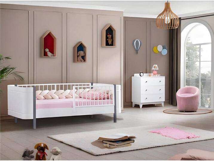 JVmoebel Babymöbel-Set Stilvolles Kinderzimmer Set in Weiß Grau mit Holz-Kommode und Bett, (2-tlg., Kinderbett + Kommode), Made in Europa, weiß von OTTO