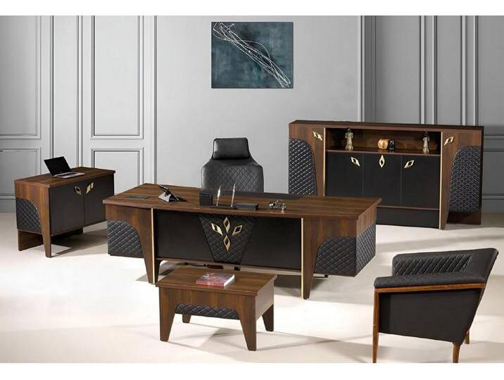 JVmoebel Büromöbel-Set Büro-Set 4-teilig Schreibtisch aus Holz in Braun, (4-tlg., 1x Bürotisch + 1x Kommode + 1x Couchtisch + 1x Schrank ohne Sessel) von OTTO