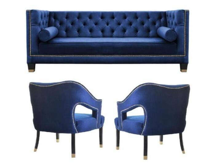 JVmoebel Chesterfield-Sessel Blaue Chesterfield Sessel XXL Samt Textil Möbel Garnturen Neu (3-St., Chesterfield Maße, Sessel Maße), Made in Europe von OTTO