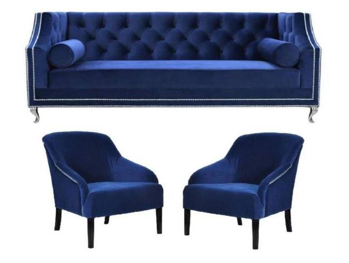 JVmoebel Chesterfield-Sessel Blaue Chesterfield Sessel XXL Textil Stoff Möbel Garnitur Couchgruppe (3-St., Chesterfield Maße, Sessel Maße) von OTTO