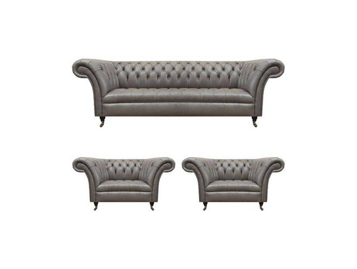 JVmoebel Chesterfield-Sofa Moderne Chesterfield Ledercouchen Dreisitzer 2x Ledersessel 3tlg Set, Made in Europa, grau von OTTO