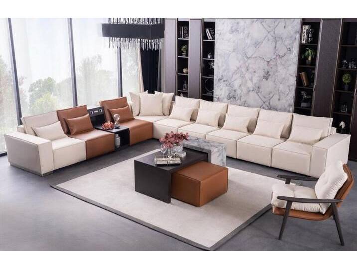 JVmoebel Ecksofa Ecksofa L-Form mit Soundsystem Couchtisch Pouf Sessel Couch Stoff, 4 Teile, Made in Europa, beige von OTTO