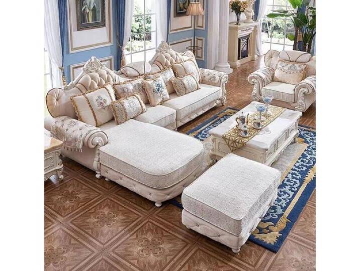 JVmoebel Ecksofa L-Form Sessel Hocker Design Couch Holz mit Textil modern gemütlich, Made in Europa, beige, Ottomane Rechts - vor dem Sofa stehend von OTTO