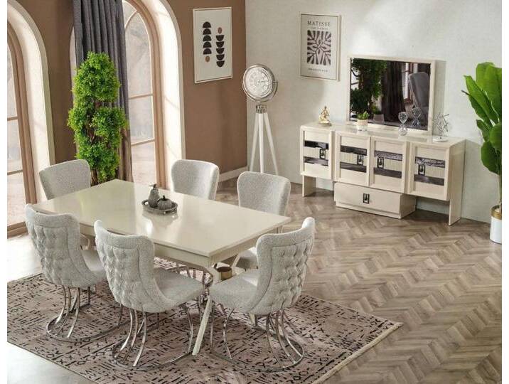 JVmoebel Essgruppe Esszimmer Set 9tlg Esstisch Modern 6x Stühle Sideboard mit Spiegel, (9tlg Esszimmer Set (Esstisch + 6x Stühle + Sideboard + Spiegel) von OTTO