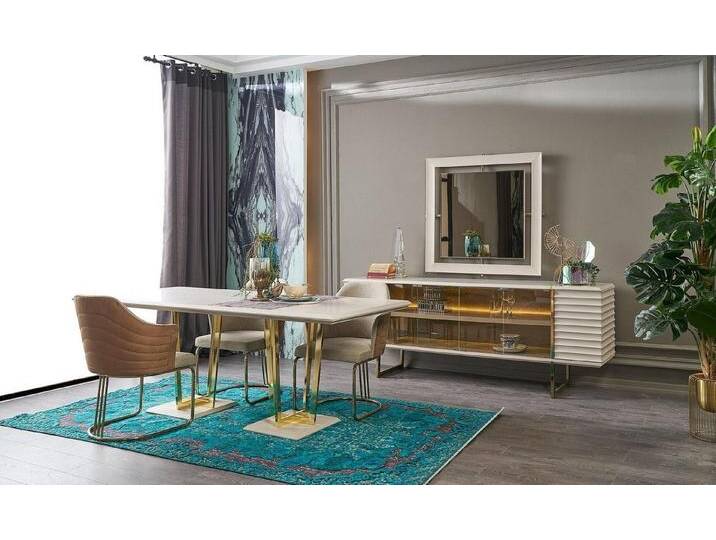 JVmoebel Esszimmer-Set Beige Holz Essgruppe 9-teilig für Esszimmer und Essecke, (9-St., Esstisch + 6x Stühle + Sideboard + Spiegel), Made in Europa von OTTO