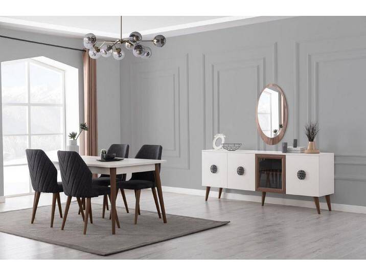 JVmoebel Esszimmer-Set Designer Esszimmermöbel Set: Schwarz-Weiße Stühle & Sideboard, (7-St., 1x Esstisch + 4x Stühle + 1x Sideboard + 1x Spiegel) von OTTO