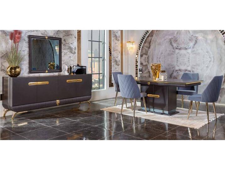JVmoebel Esszimmer-Set Edelstahl Esszimmermöbel-Set mit Kommode – 7-teilig, (7-St., Esstisch + 4x Stühle + Kommode + Spiegel), Made in Europa, braun von OTTO