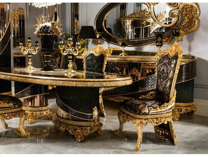 JVmoebel Esszimmer-Set Elegantes 9-tlg. Esszimmer Set Schwarz Holz Glas mit Spiegel, (9-St., Esstisch, 6х Stühle, Sideboard, Spiegel), Made in Europe von OTTO