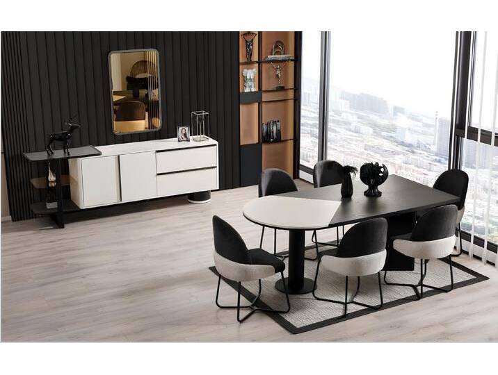 JVmoebel Esszimmer-Set Esszimmergruppe aus Holz in Weiß mit Esstisch und Stühlen, (9-St., Esstisch, 6x Stühle, Sideboard, Spiegel), Made in Europa von OTTO