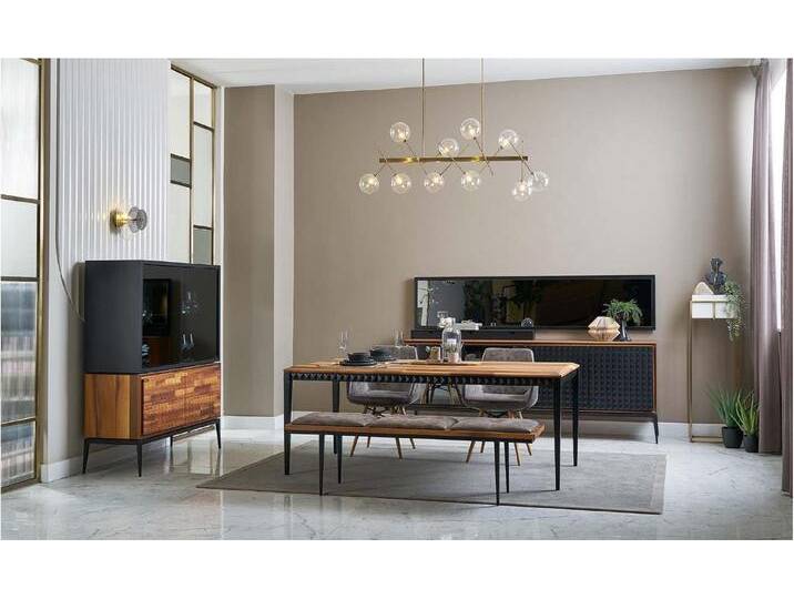 JVmoebel Esszimmer-Set Holz Esstisch Gruppe Set für die Essecke in Braun 9-teilig, (9-St., Esstisch/4x Stühle/Bank/Sideboard/Spiegel/Vitrine) von OTTO