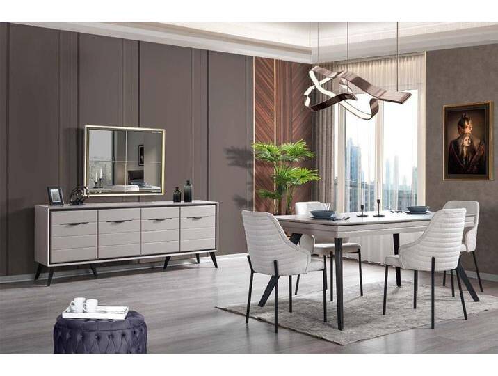 JVmoebel Esszimmer-Set Luxuriöse Holz-Esszimmer-Anrichte mit Spiegel und 6 Stühlen, (9-St., Esstisch + 6x Stühle + Anrichte + Spiegel), Made in Europa von OTTO
