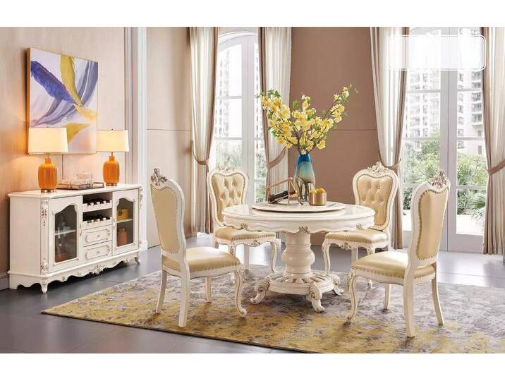 JVmoebel Esszimmer-Set Luxuriöses Esszimmer-Set: Runde Tafel mit 4 Chesterfield-Stühlen, (6-St., 1x Rund Esstisch + 4x Stühle + 1x Barschrank) von OTTO