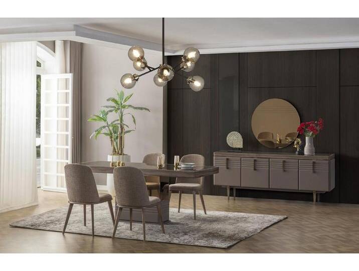 JVmoebel Esszimmer-Set Moderne Essgruppe in Grau mit Tischen und Stühlen aus Holz, (9-St., 1x Esstisch + 6x Stühle + 1x Sideboard + 1x Spiegel) von OTTO