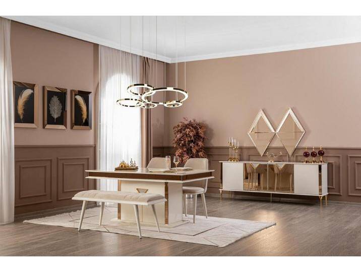 JVmoebel Esszimmer-Set Modernes Esszimmer Set mit Tisch, 4 Stühlen und einer Bank, (8-St., Esstisch + 4x Stühle + Bank + Anrichte mit Spiegel) von OTTO