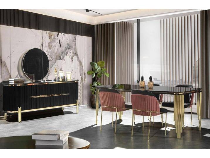JVmoebel Esszimmer-Set Schwarze und goldene Essgarnitur für stilvolles Esszimmer, (6-St., 1x Esstisch + 4x Stühle + 1x Sideboard), Made in Europa von OTTO