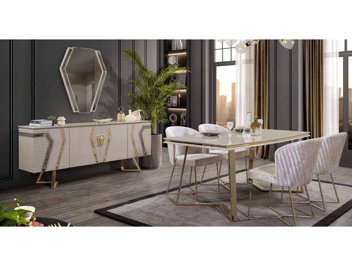 JVmoebel Esszimmer-Set Stilvolle Essgruppe in Weiß mit 4 Stühlen und Tischset, (7-St., 1x Esstisch + 4x Stühle + 1x Kommode + 1x Spiegel) von OTTO