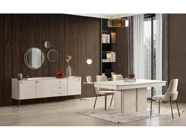 JVmoebel Esszimmer-Set Weiße Esszimmer Garnitur Designer Essgruppe 6x Polsterstühle Anrichte, (8-St., Esstisch + 6x Stühle + Anrichte), Made in Europa von OTTO