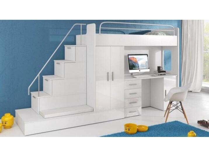 JVmoebel Hochbett Weißes Kinder Hochbett Modernes Doppelstockbett in Hochglanz SOFORT (Multifunktions-Hochbett/Hochbett/Treppe/Schreibtisch/Kleiderschrank) Made in Europa von OTTO