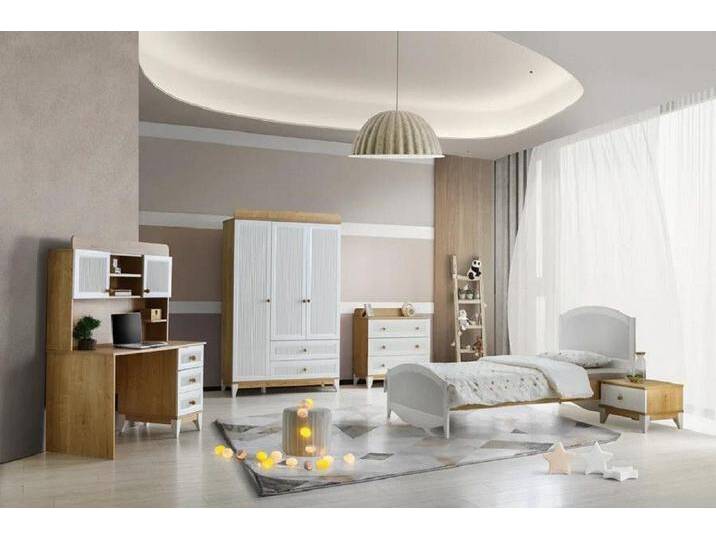 JVmoebel Jugendzimmer-Set Design Mädchen Jugendzimmer Set Bett Nachttisch Kleiderschrank, (5-tlg., Schlafzimmer-Set), Made in Europa, braun weiß von OTTO