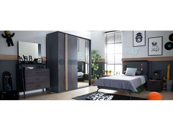 JVmoebel Jugendzimmer-Set Kinderzimmer-Set Grau aus Holz mit modernem Design, (5-tlg., Kinderbett, Nachttisch, Schrank, Schreibtisch, Kommode) von OTTO