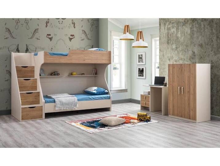 JVmoebel Etagenbett Kinderzimmer-Set aus Holz in Braun mit modernem Design (4-St., Kinderbett, Nachttisch, Schreibtisch, Kleiderschrank) von OTTO
