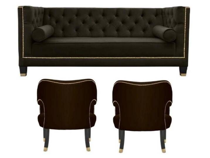 JVmoebel Polstergarnitur Chesterfield Sessel XXL Schwarz Textil Stoff Polster Möbel Garnitur, (3-tlg., Chesterfield Maße, Sessel Maße), Made in Europe von OTTO