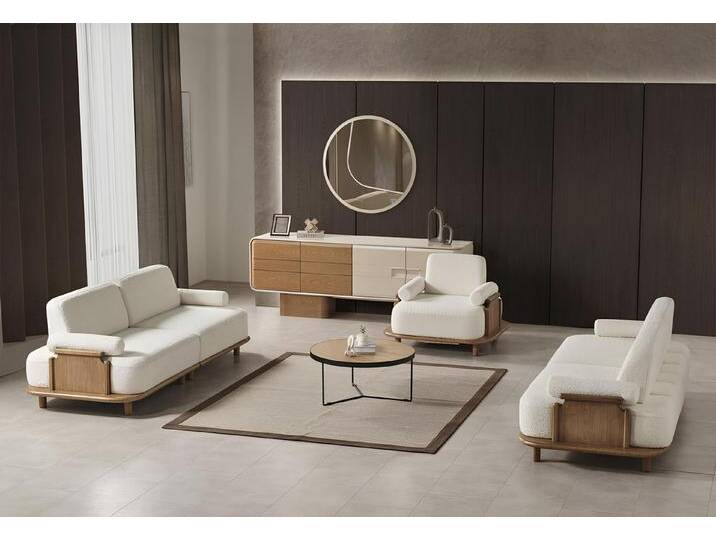 JVmoebel Polstergarnitur Wohnzimmer Set Sofa 3-Sitzer Sessel Konsole Spiegel Weiß Stoff Glas, (5tlg. Wohnzimmer Set (2x Sofa 3 Sitzer + Sessel + Konsole + Spiegel) von OTTO