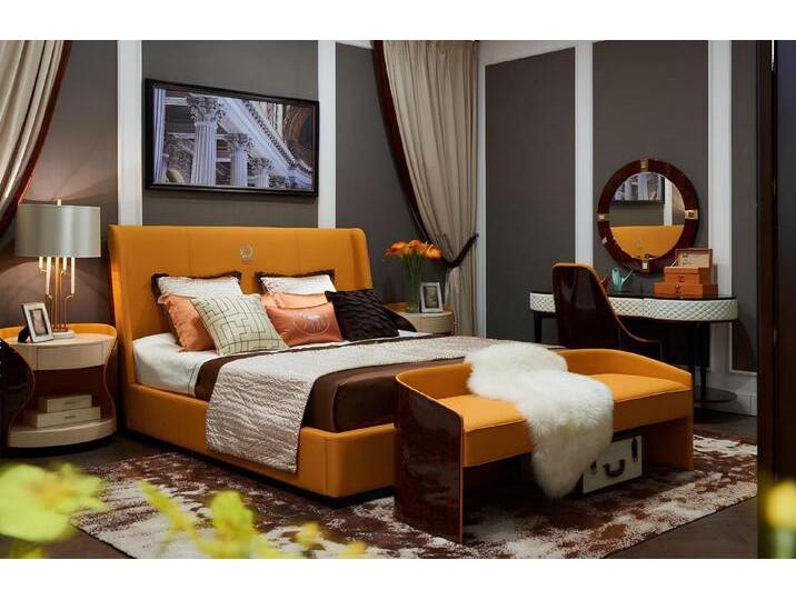 JVmoebel Schlafzimmer-Set 7tlg. Set Luxus Möbel Bett Hocker Spiegel Nachttisch, (7 tlg.Schlafzimmer Set), Made in Europa, orange von OTTO