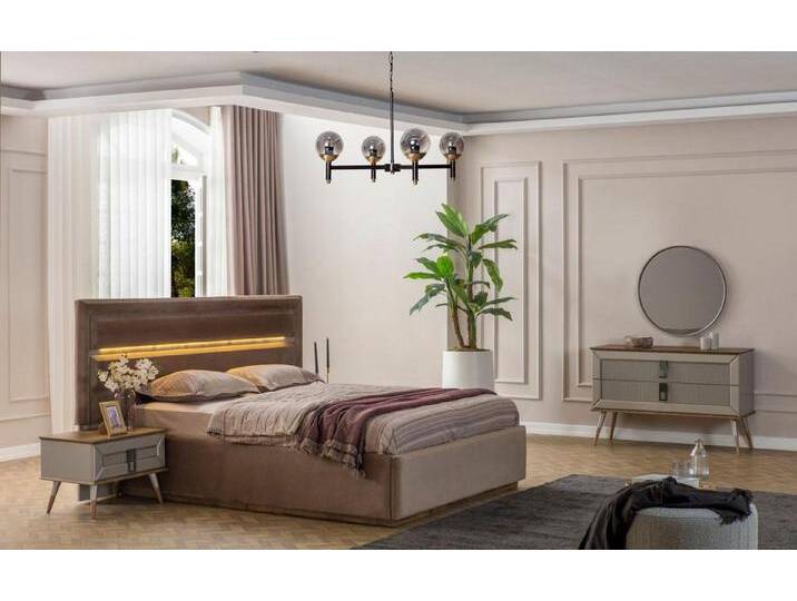 JVmoebel Schlafzimmer-Set Beige Luxus Schlafzimmermöbel Set: Designer Doppelbett & 2 Nachttische, (5-tlg., 1x Bett+2x Nachttische+1x Kommode+1x Spiegel) von OTTO