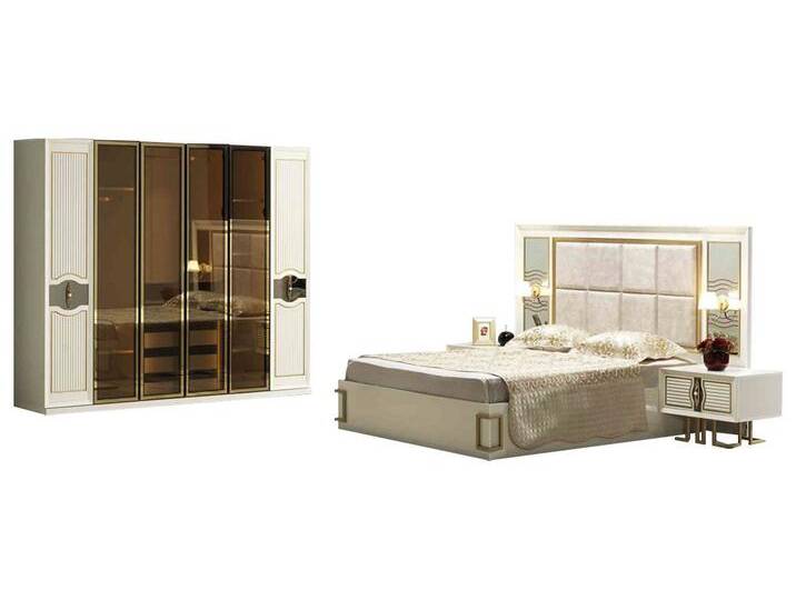 JVmoebel Schlafzimmer-Set Beiges Schlafzimmer Set Designer Polsterbett Holz Nachttische Schrank, (Set 4tlg Schlafzimmer (Bett + 2x Nachttische + Kleiderschrank) von OTTO