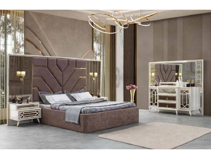 JVmoebel Schlafzimmer-Set Bett Kommode mit Spiegel 2x Nachttische Edelstahl Gold Luxus Möbel, (4-tlg., 4tlg. Schlafzimmer Set(Bett + 2x Nachttische + Kommode) von OTTO