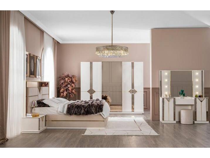 JVmoebel Schlafzimmer-Set Design Schlafzimmer Set Bett 2x Nachttisch Kleiderschrank, (5-tlg., Bett + Kleiderschrank + 2x Nachttische + Schminktisch mit Spiegel) von OTTO