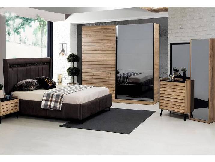 JVmoebel Schlafzimmer-Set Designer Schlafzimmer Möbelset: Polsterbett, Nachttische & Schrank, (5-tlg., Bett / 2x Nachttische / Kleiderschrank / Kommode mit Spiegel) von OTTO